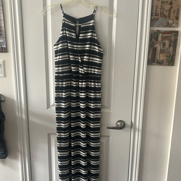 A. Byer Maxi Dress S Black White Stripe High Neck Key Hole Sleeveless - Picture 4 of 6